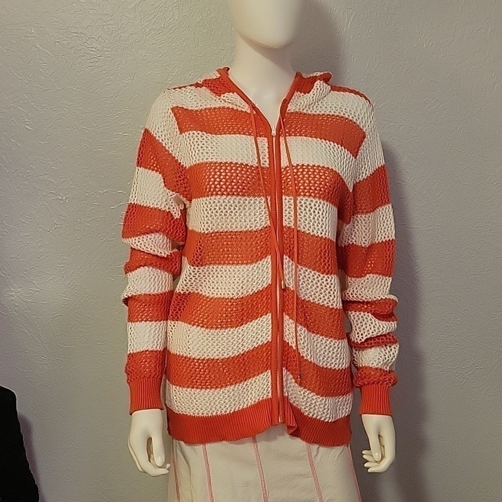 Vtg Quacker Factory Coral Stripe Peekaboo Zipper Hoodie Festival Cover-Up View 3